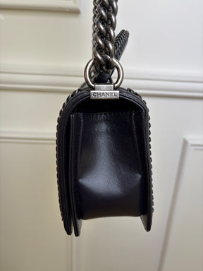 Chanel Navy Glossed Quilted Leather with Top Handle Old Medium Boy Bag