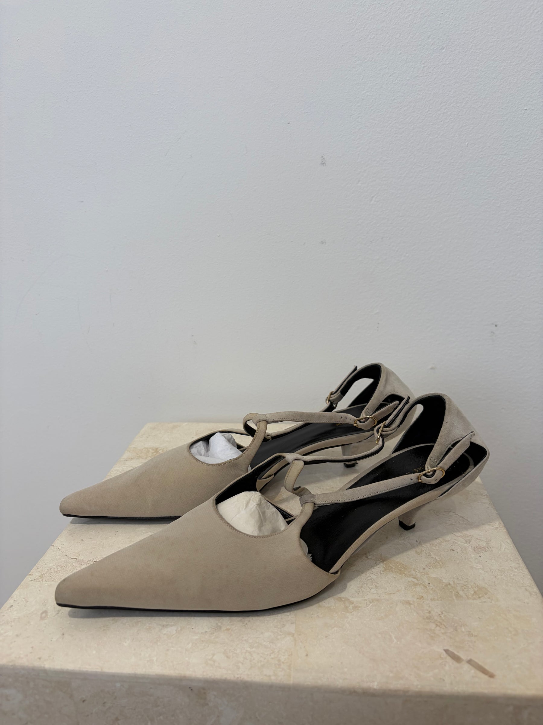 The Row Grey Suede and Satin Pointed Kitten Heels, 37