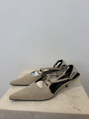 The Row Grey Suede and Satin Pointed Kitten Heels, 37