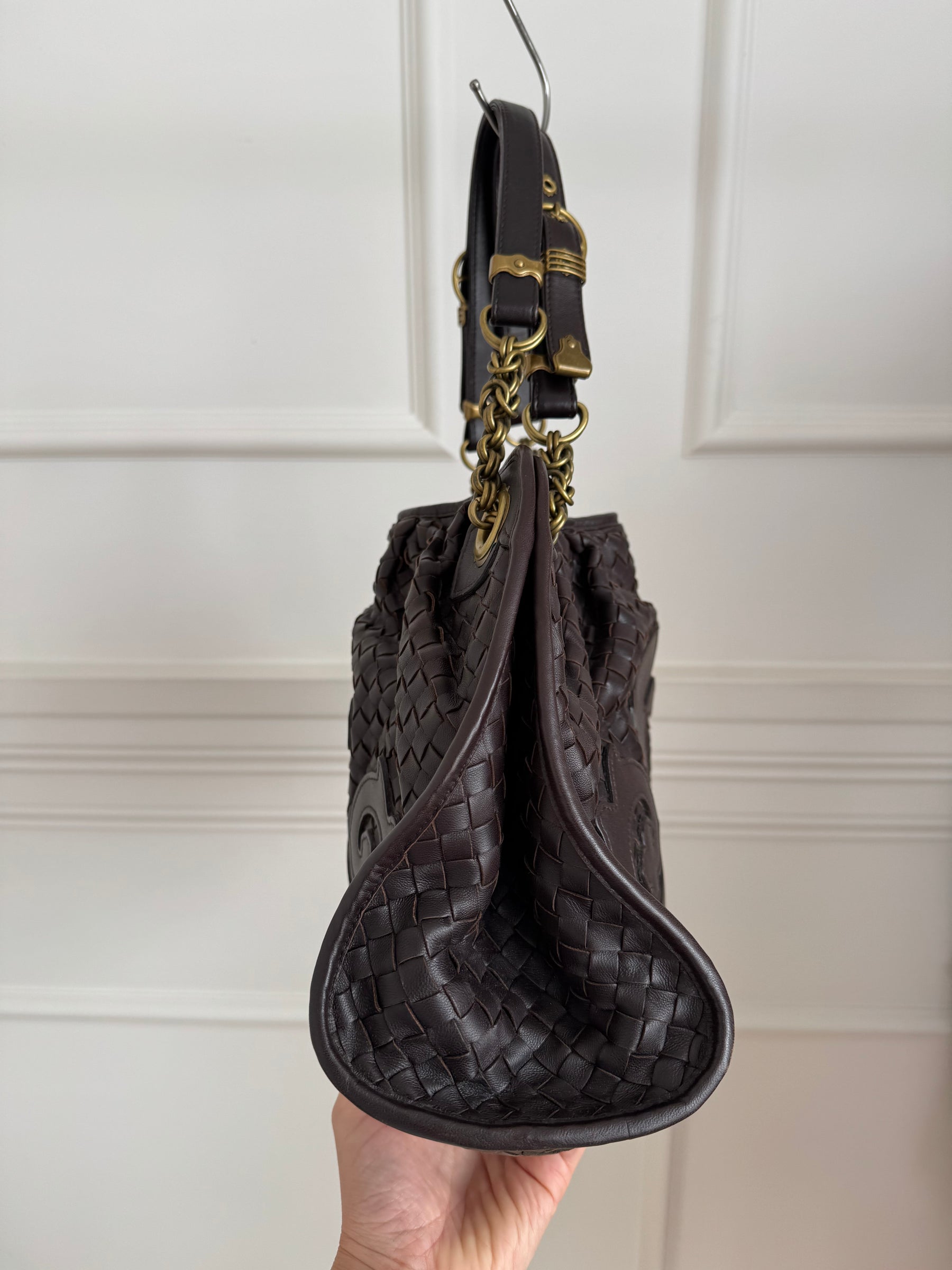 Bottega Veneta Brown Intrecciato Leather Chain Shoulder Bag with Leather Applique