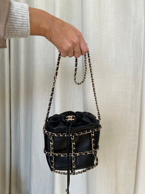 Chanel Chain Drawstring Bucket Bag Black Gold Tone Hardware