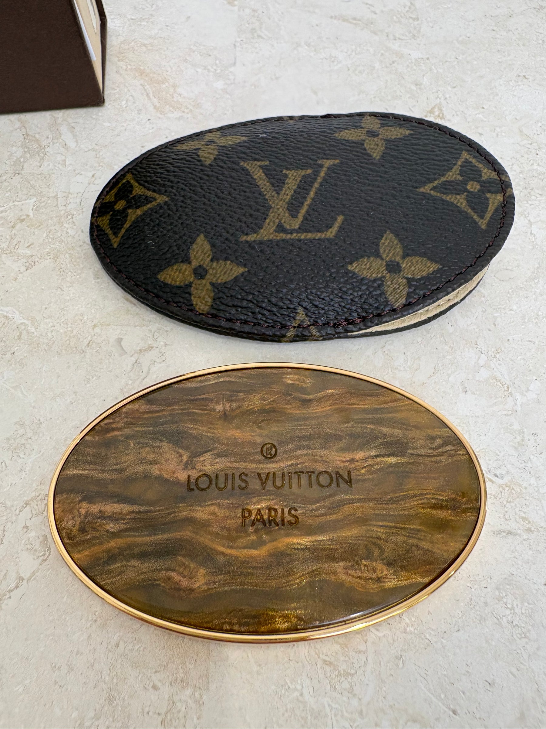 Louis Vuitton Brown Marbled Oval Mirror in Canvas Monogram Pouch