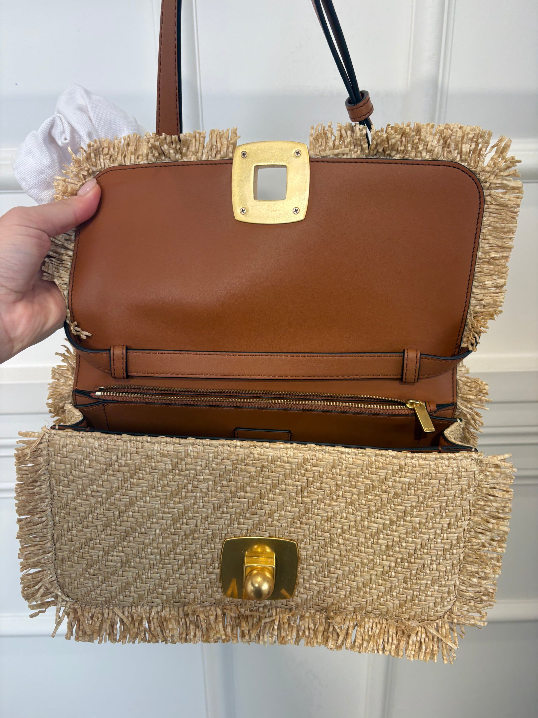 Oroton Raffia and Tan Leather Flap Bag