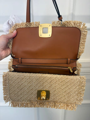 Oroton Raffia and Tan Leather Flap Bag