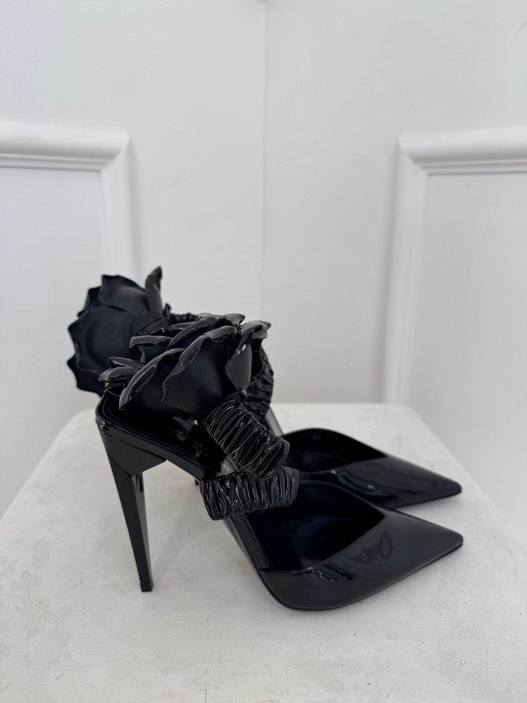 Saint Laurent Patent Slingback Pump With Rose In Black, 39.5