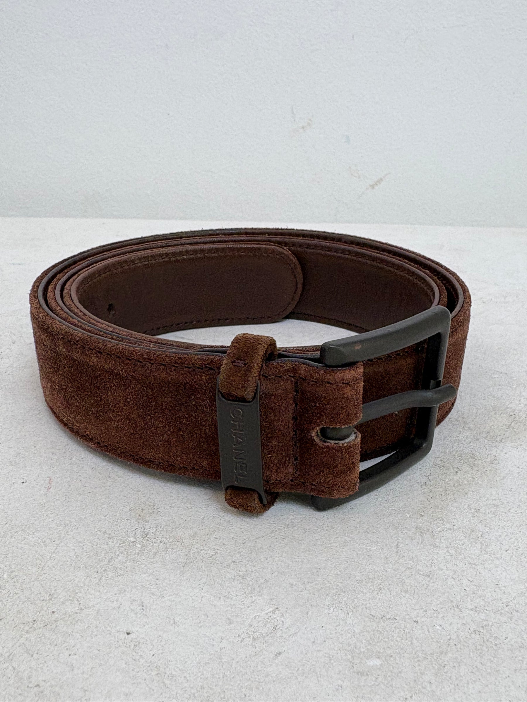Chanel Brown Suede Logo Belt, 80