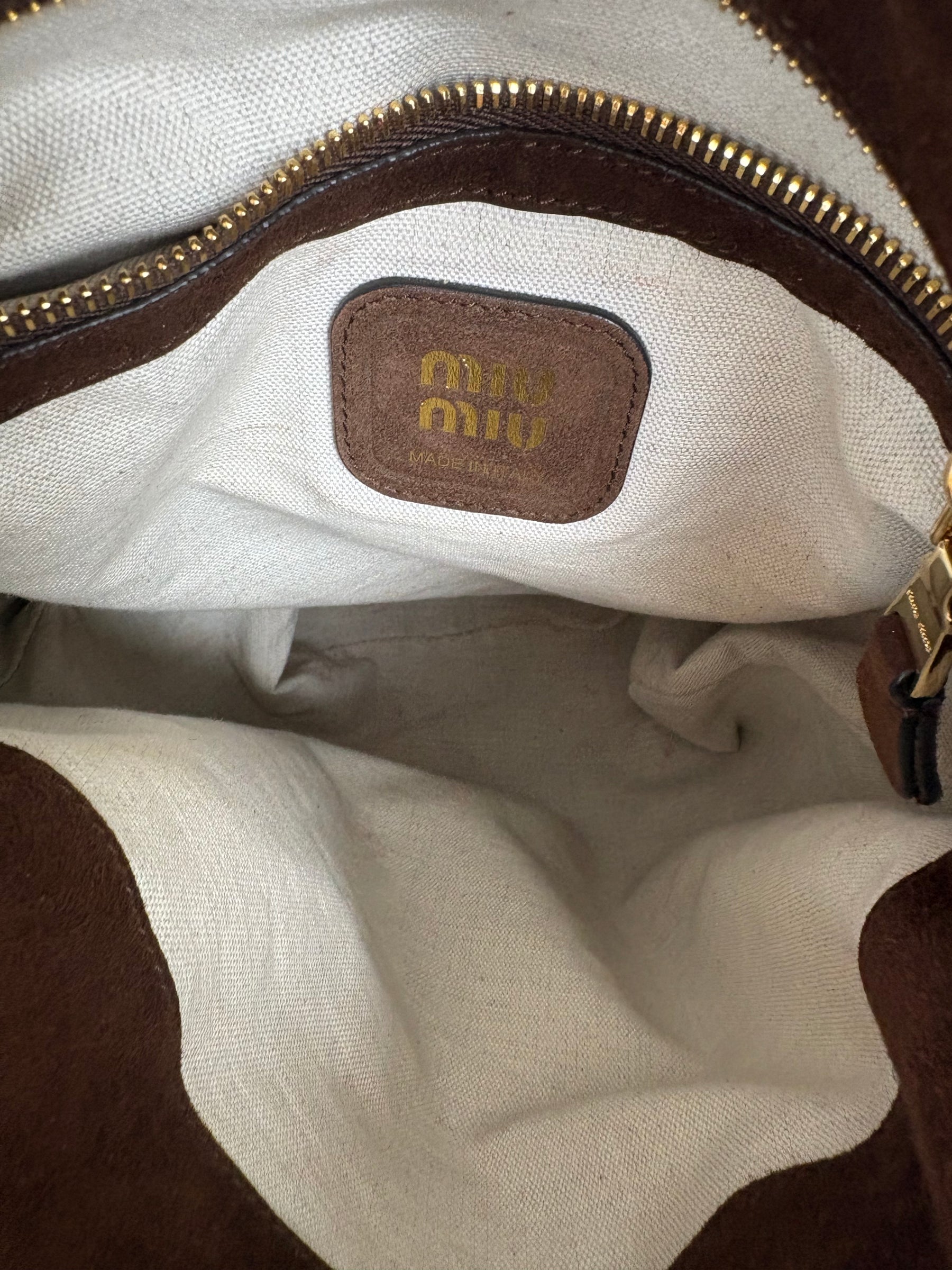 Miu Miu Suede Drawstring Bag In Chocolate