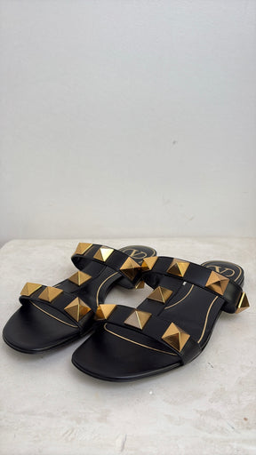 Valentino Garavani Black and Gold Roman Stud Slides, 38