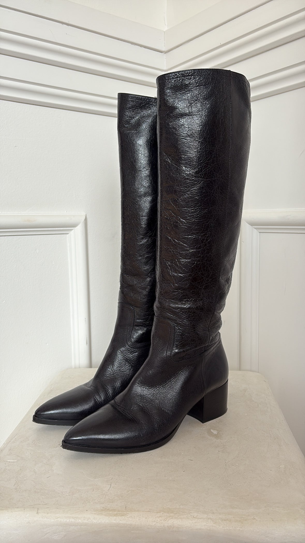 Miu Miu Black Crinkle Leather Pointed Knee High Boots, 37.5