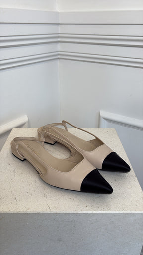Chanel Light Beige and Black Pointed Slingback Flats, 37.5
