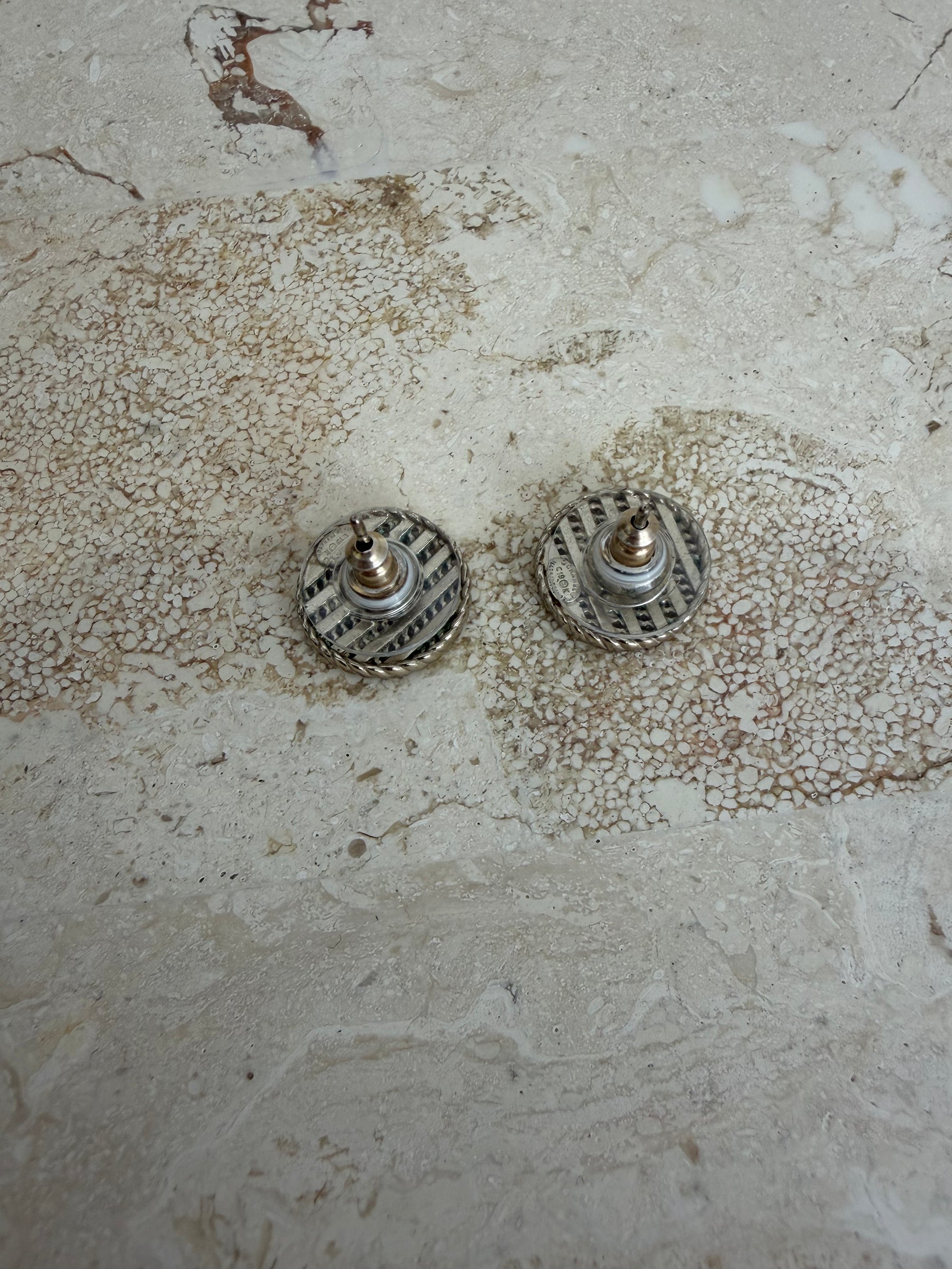 Chanel White and Silver Circle Logo Stud Earrings