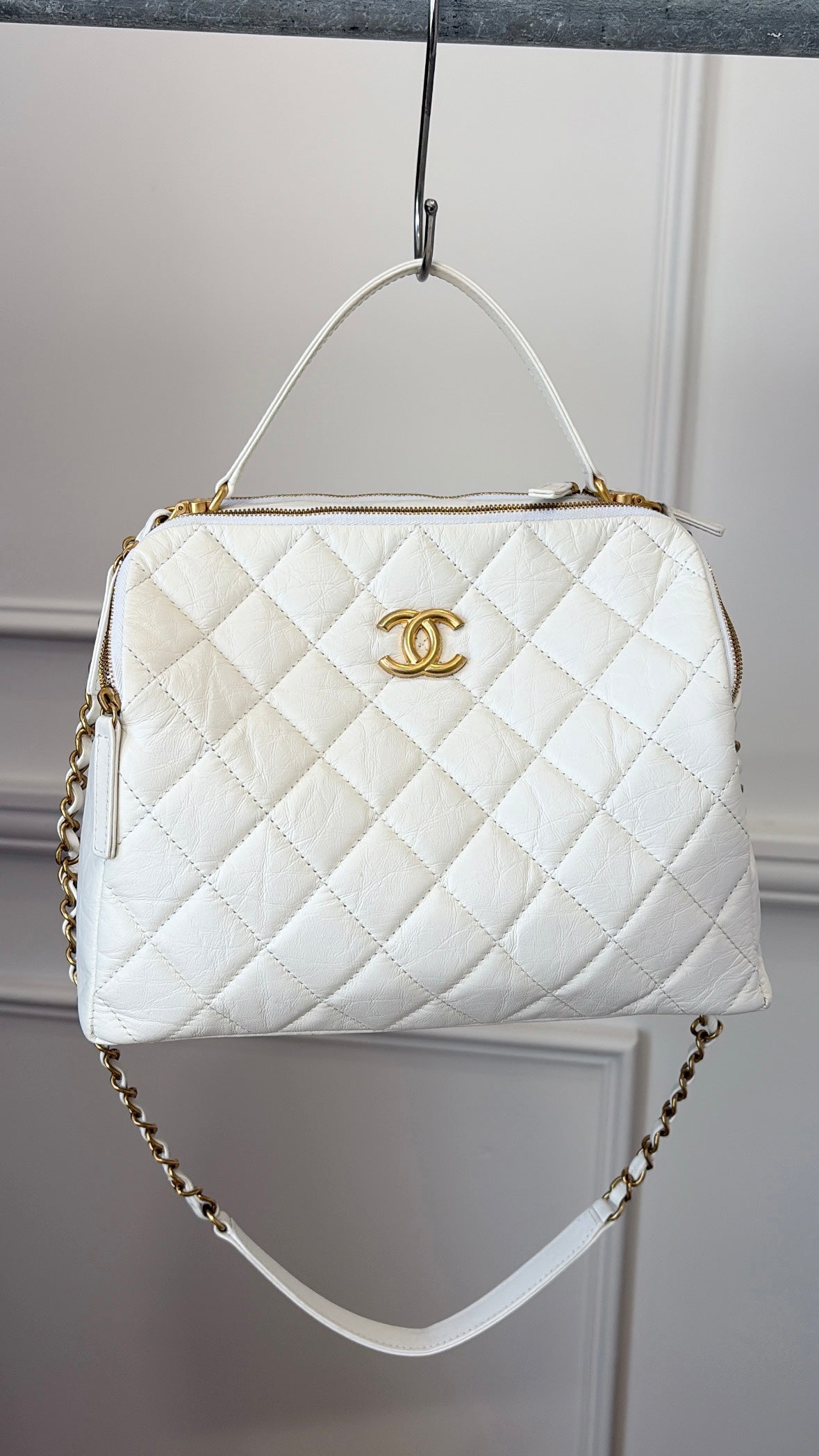 Chanel White Lambskin Leather Retro Spirit Bowling Bag