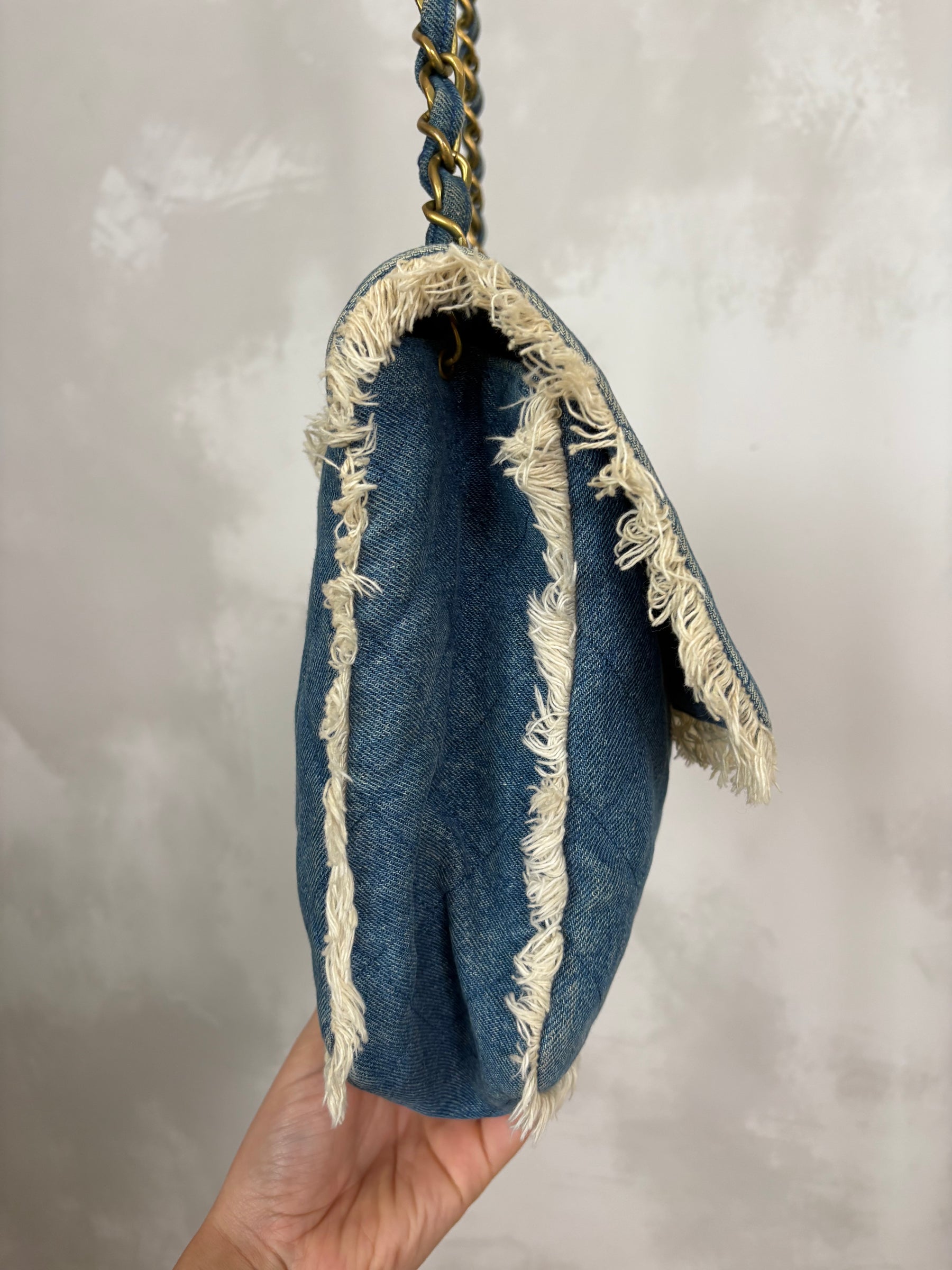 Chanel Blue Denim Cream Fringed Bag