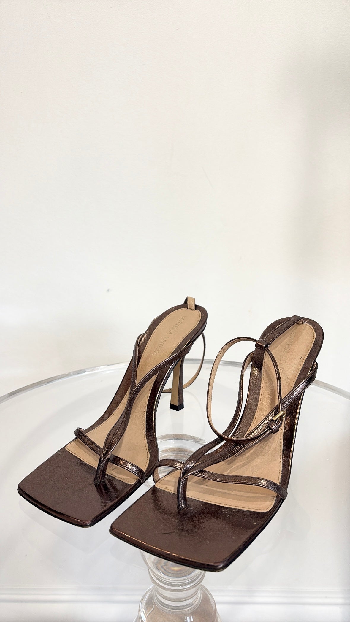 Bottega Veneta Bronze Stretch Heeled Sandal, 40