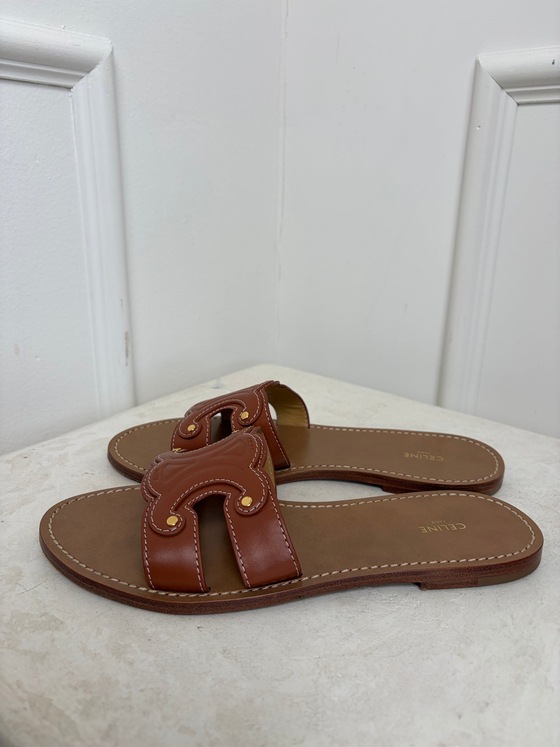 Celine Triomphe Tan Slides, 40