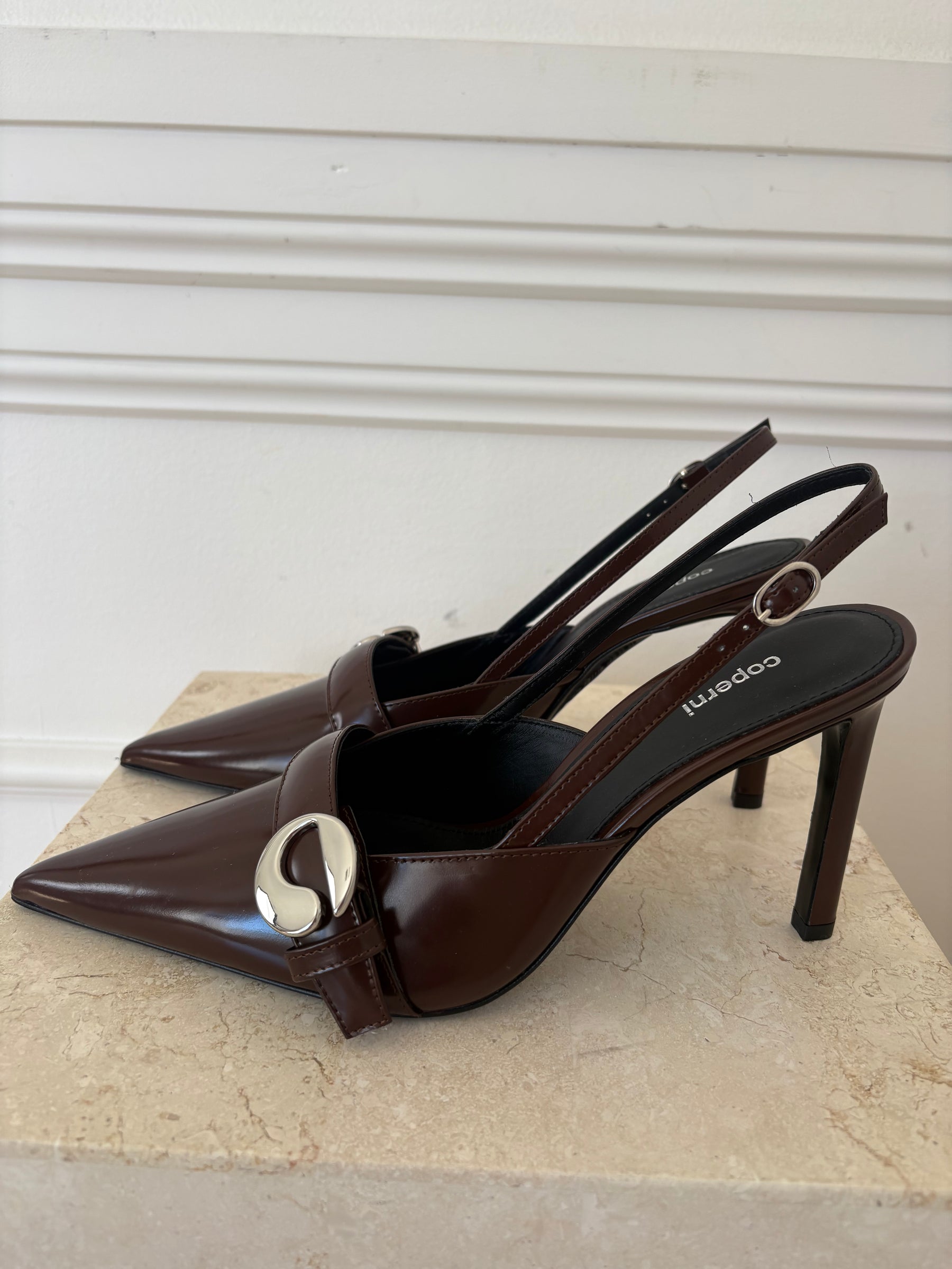 Coperni Brown Brushed Leather Belt Pointed Slingbacks, 40