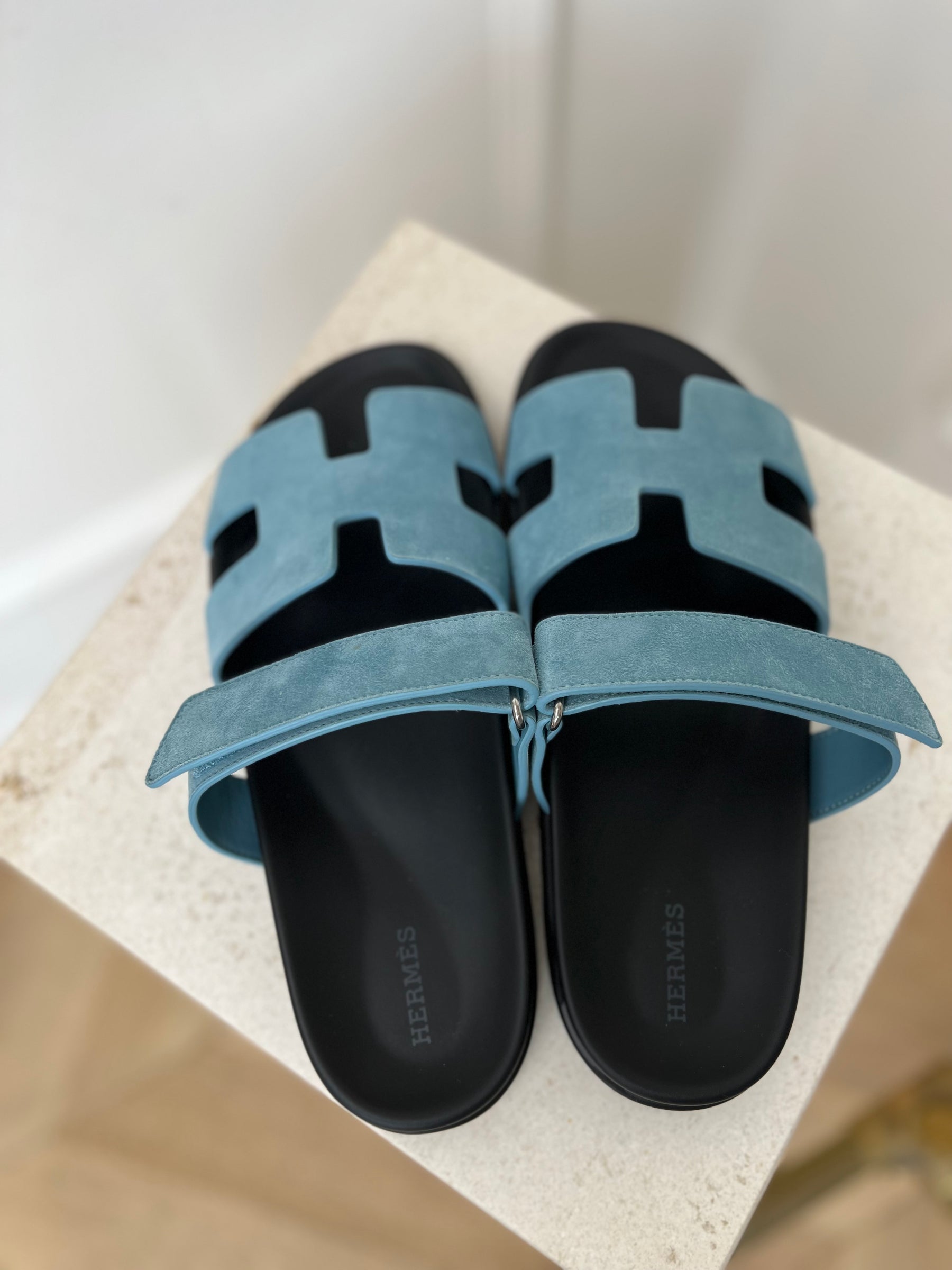 Hermès Blue Suede Chypre Sandals, 41