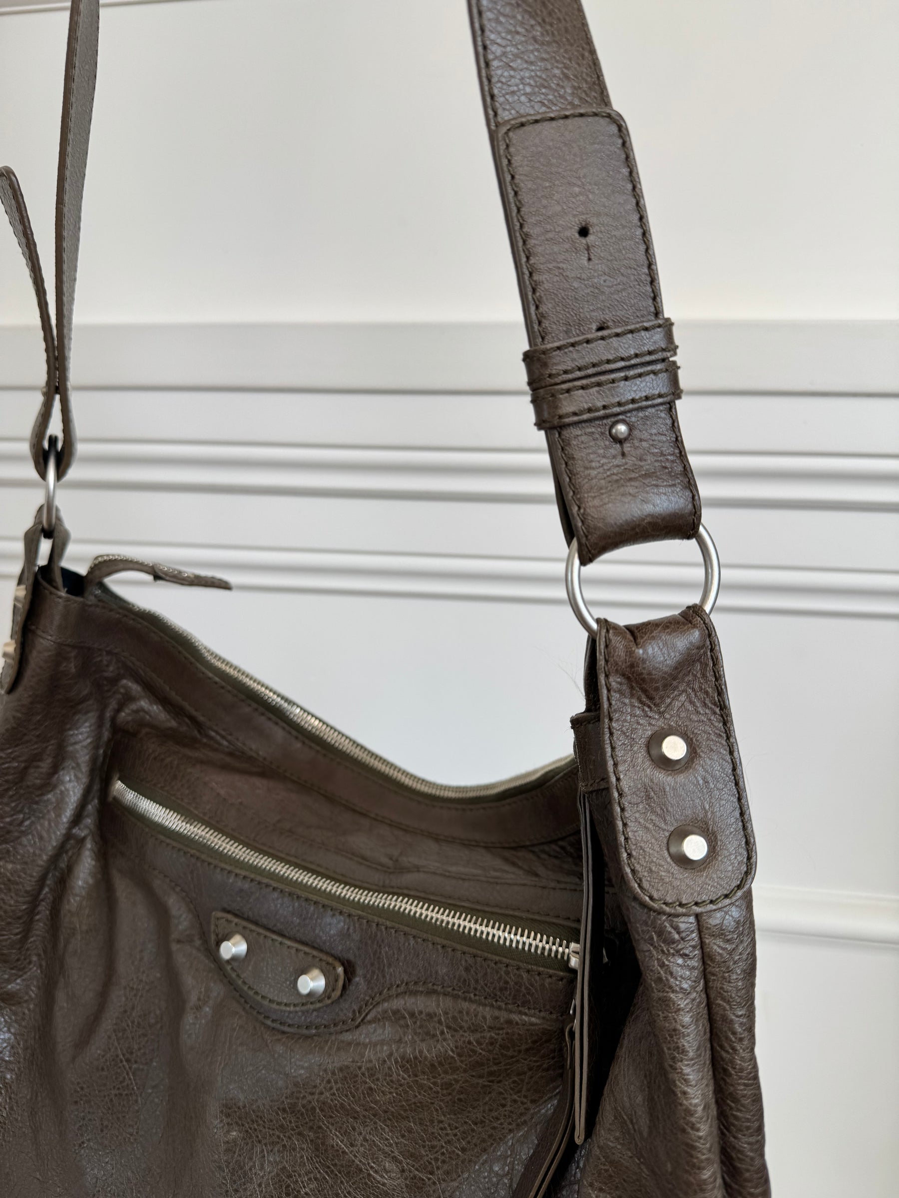 Balenciaga Dark Khaki Crossbody City Hobo Bag