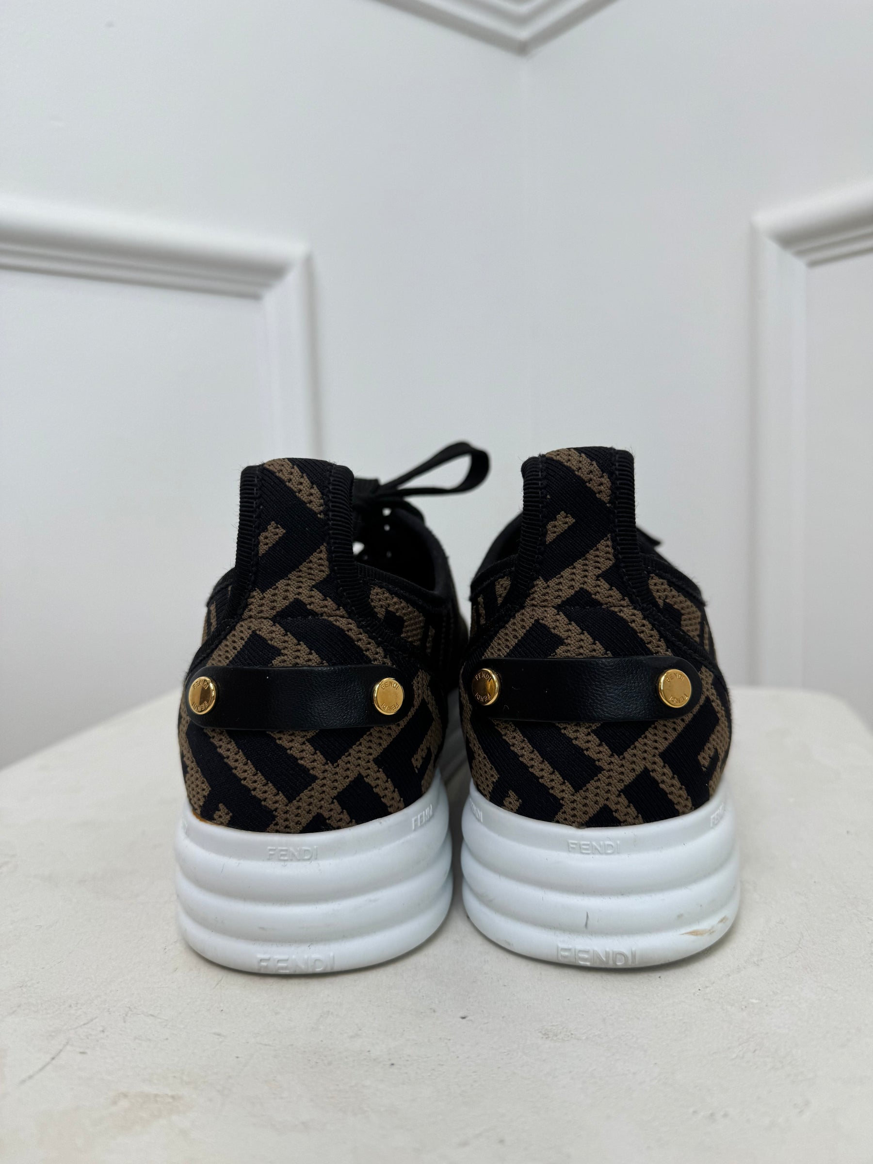 Fendi Black and Brown FF Logo Knit Sneakers, 38