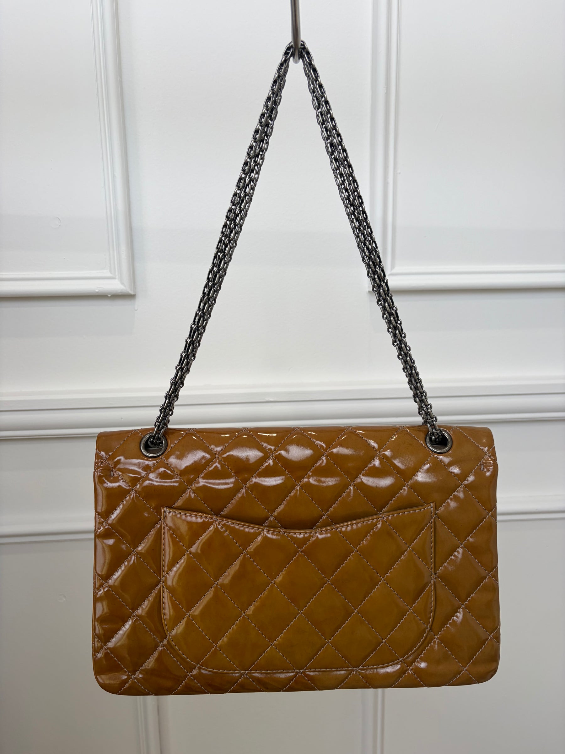 Chanel Reissue 2.55 Patent Bag Silver Hardware In Whiskey