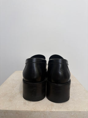 Chanel Black Leathert Platform Logo Loafer, 38.5C