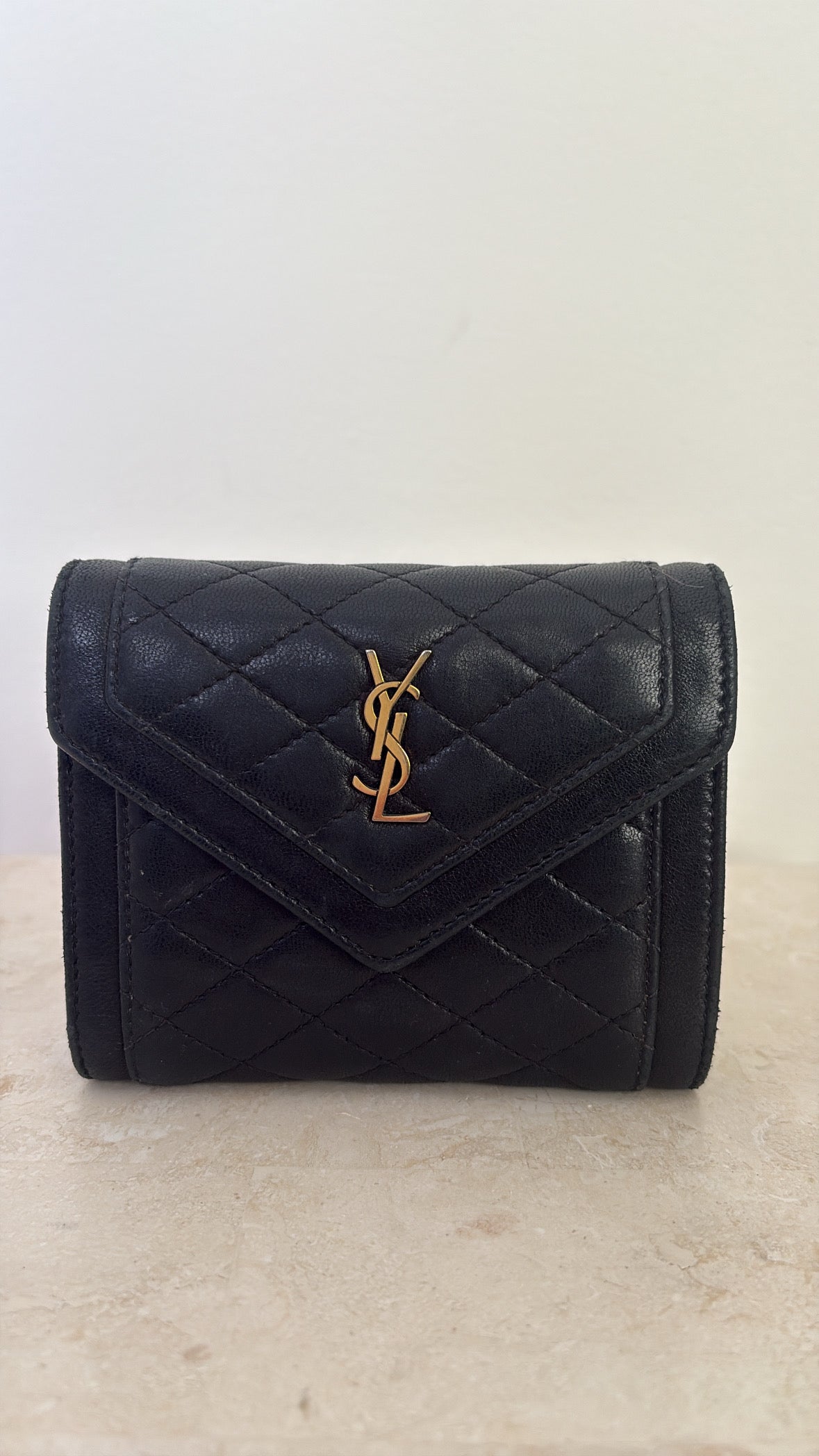 Saint Laurent Quilted Lambskin Tri Fold Wallet Black