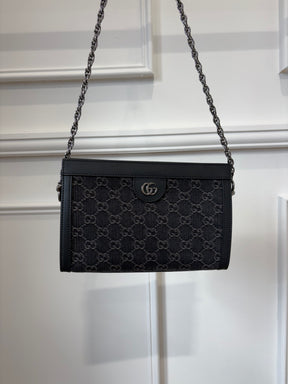 Gucci Jacquard Black Denim GG Monogram Chain Shoulder Bag