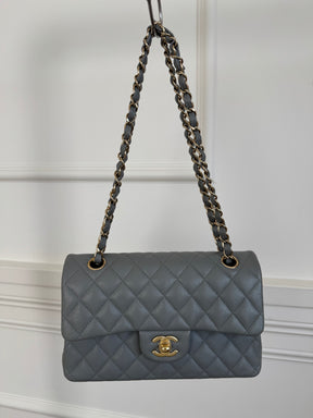 Chanel Small Grey Caviar Leather Flap Bag With Gold Tone Hardware