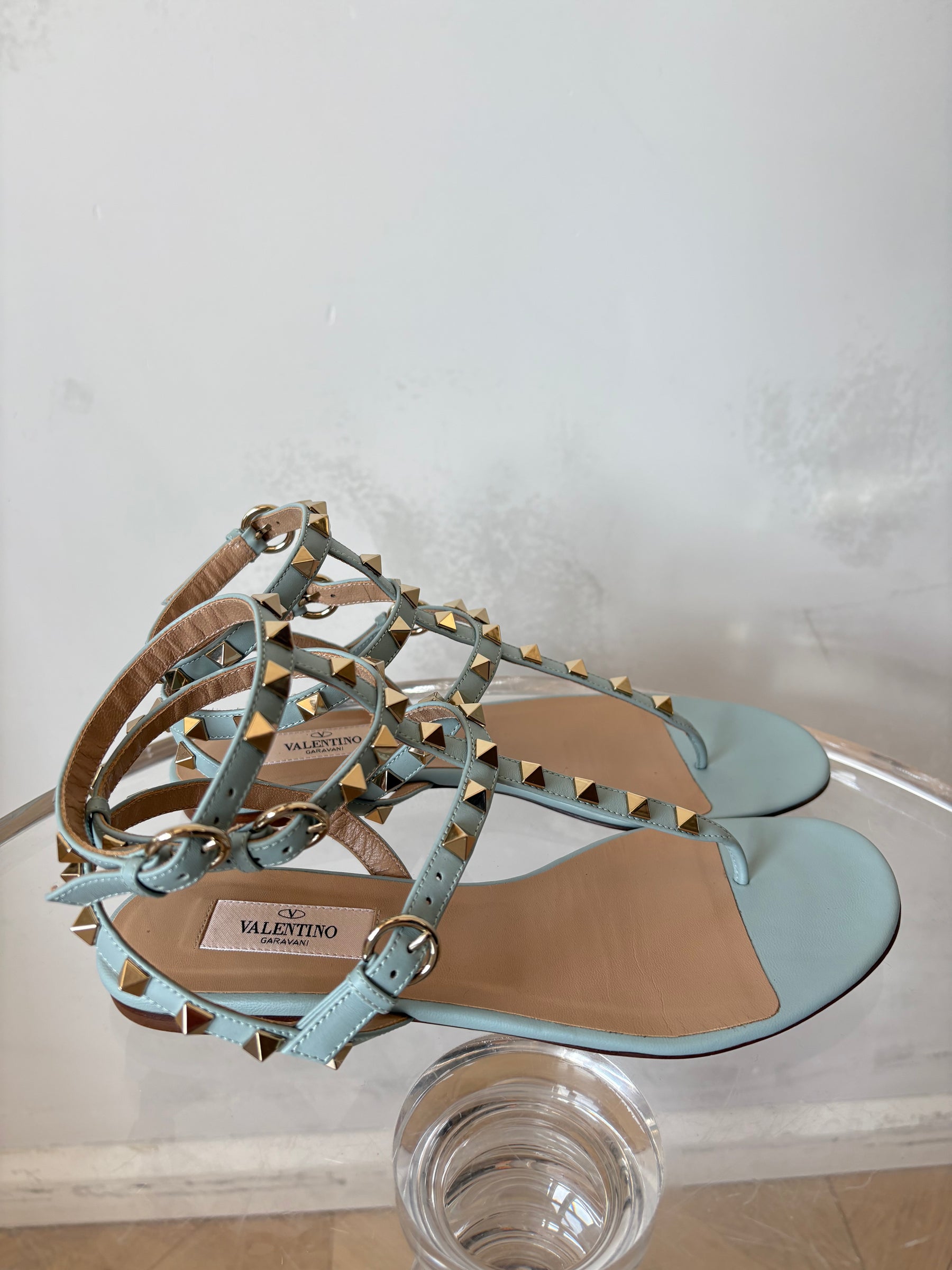 Valentino Garavani Pale Blue Leather Rockstud Sandals, 37.5
