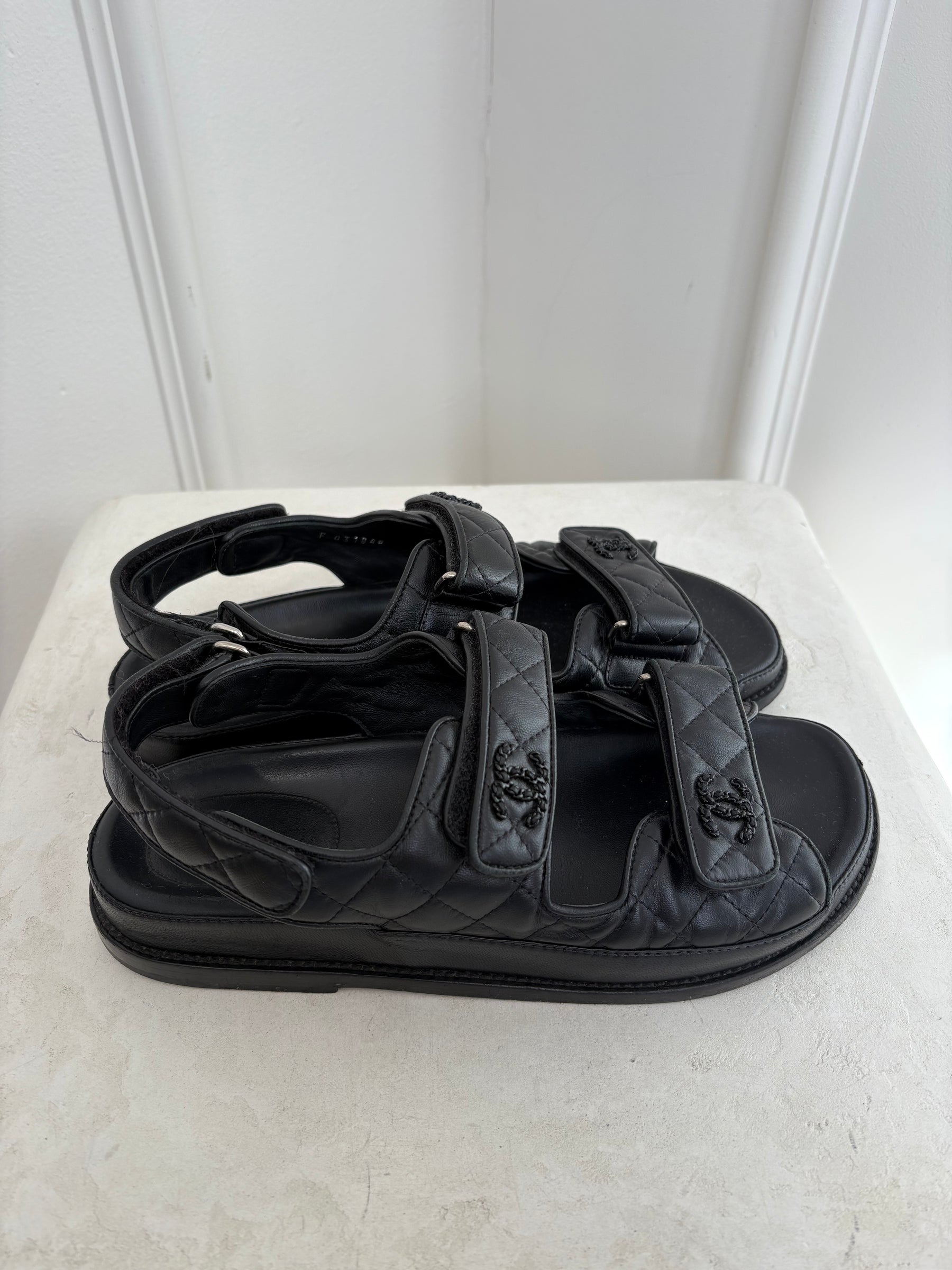 Chanel Black on Black Quilted Leather Dad Sandals, 39C