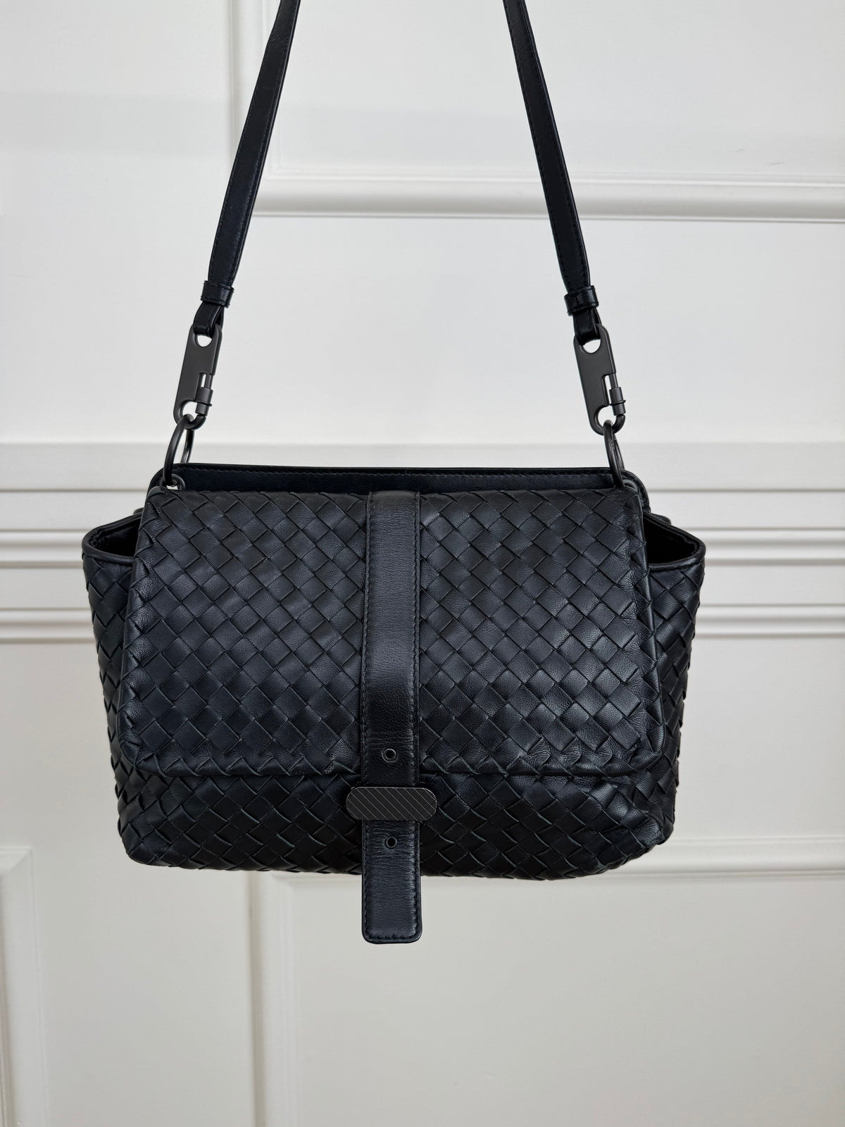 Bottega Veneta Woven Leather Double Pocket Bag Black