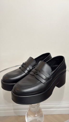 Chanel Black Leather Platform Logo Loafer, 37 C