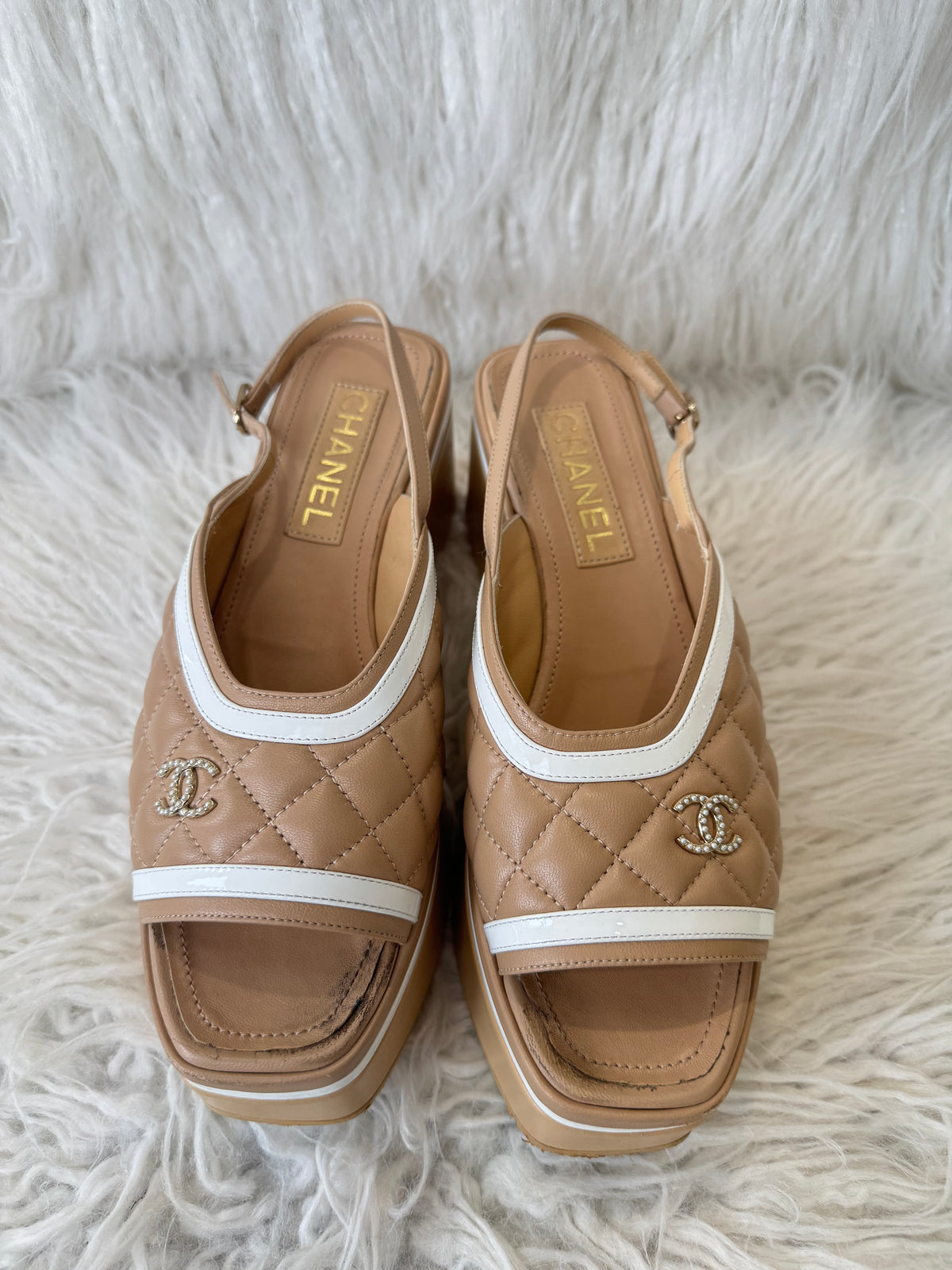 Chanel Beige Quilted Platform Slingbacks, 39 C