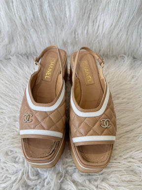 Chanel Beige Quilted Platform Slingbacks, 39 C