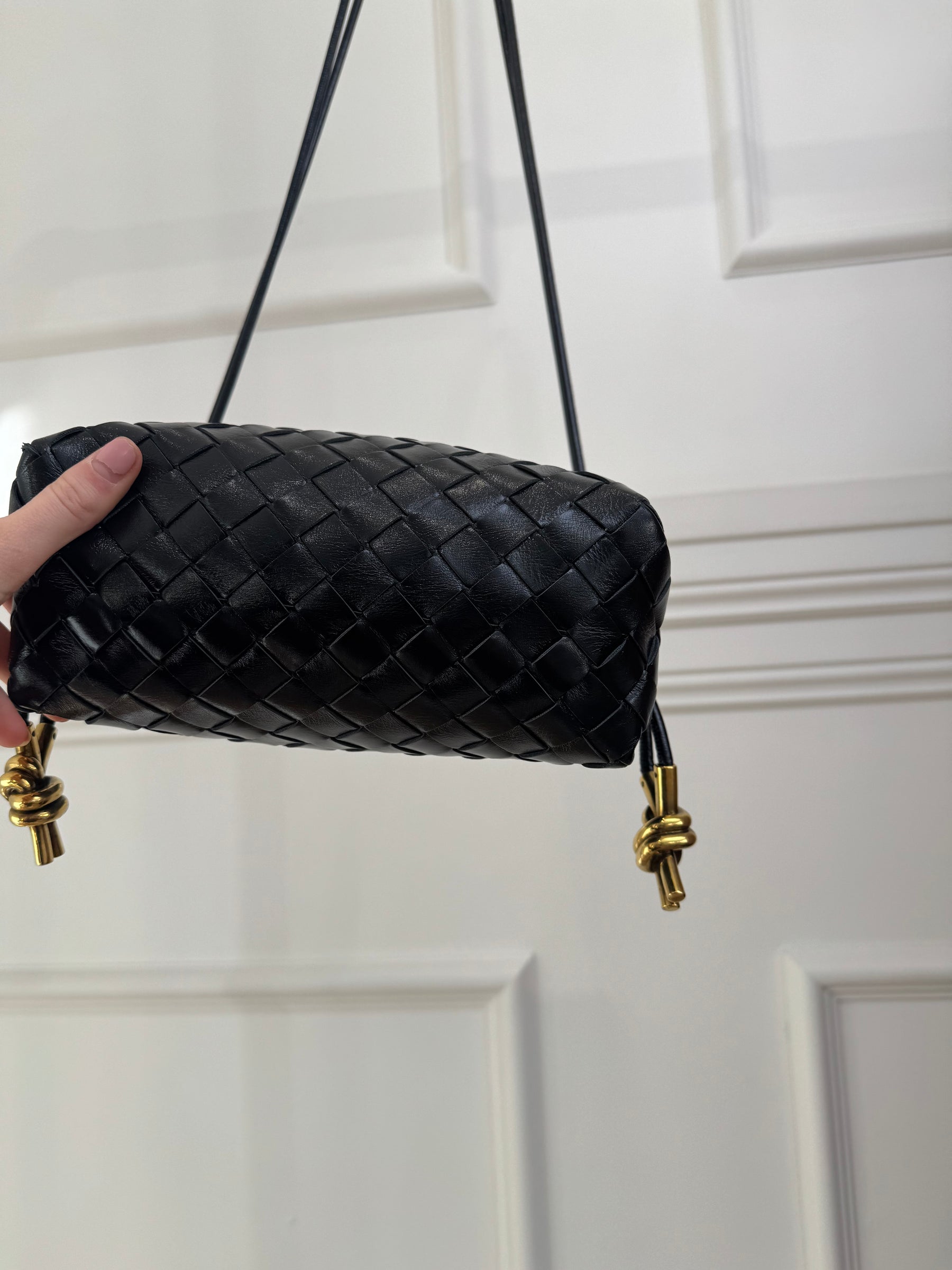 Bottega Veneta Black Patent Intrecciato Leather Small Loop Bag