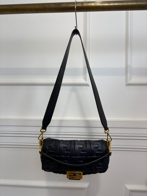 Fendi Black Leather Debossed Monogram Baguette Bag