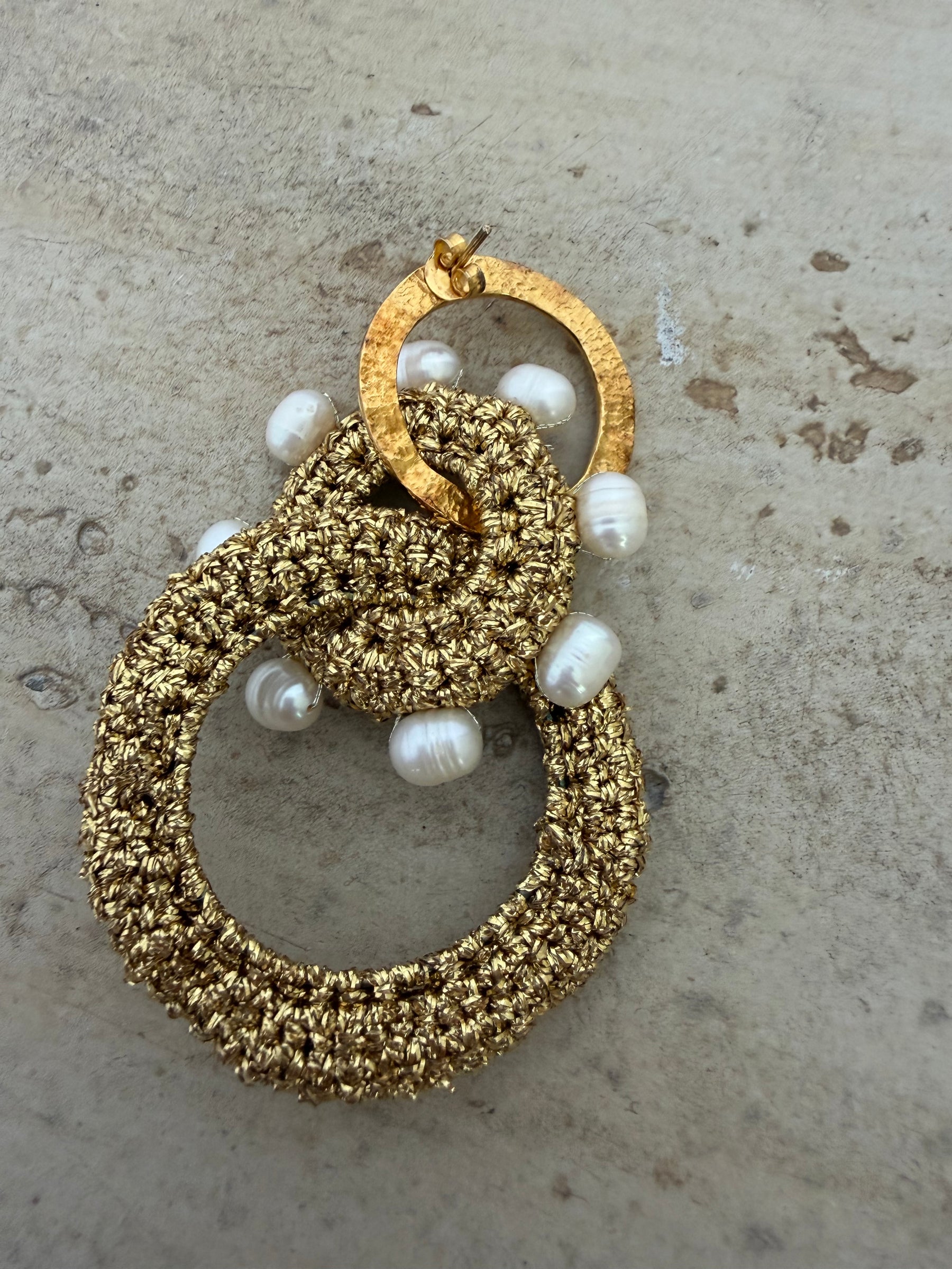 Lucy Folk Gold Metallic Crochet Hoop and Pearl Earrings