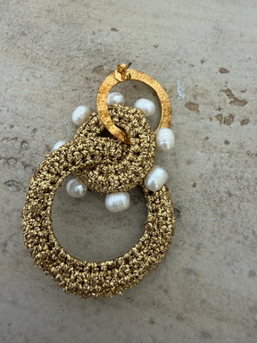Lucy Folk Gold Metallic Crochet Hoop and Pearl Earrings