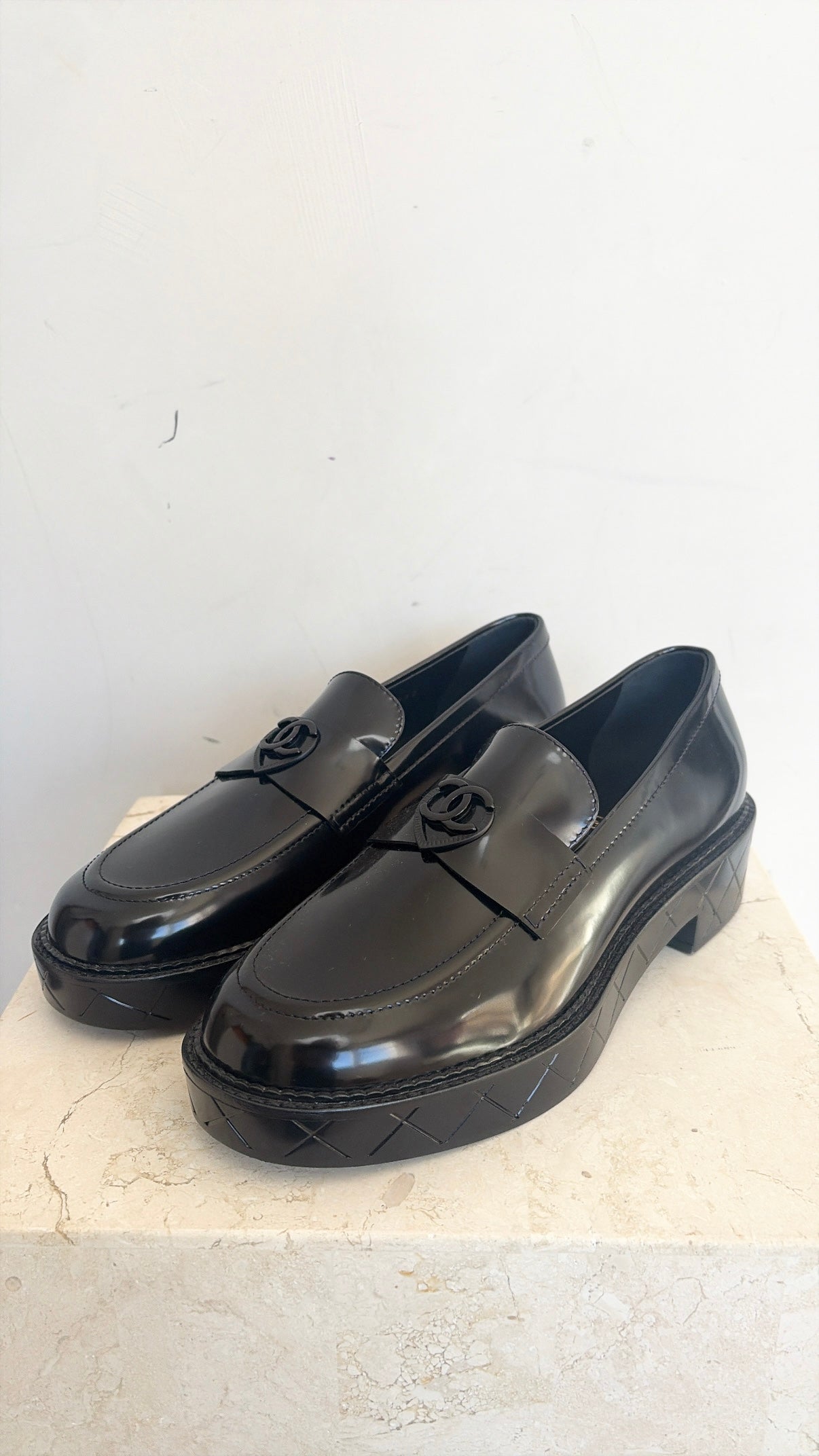 Chanel Black Brushed Leather Heart Logo Loafer, 38.5