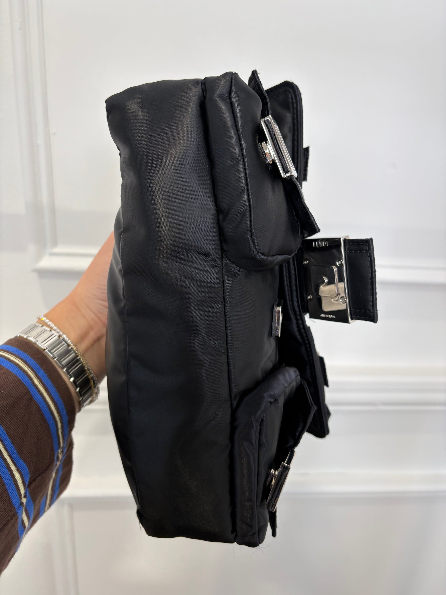 Fendi Black Nylon Multi Pocket Convertible Baguette Bag