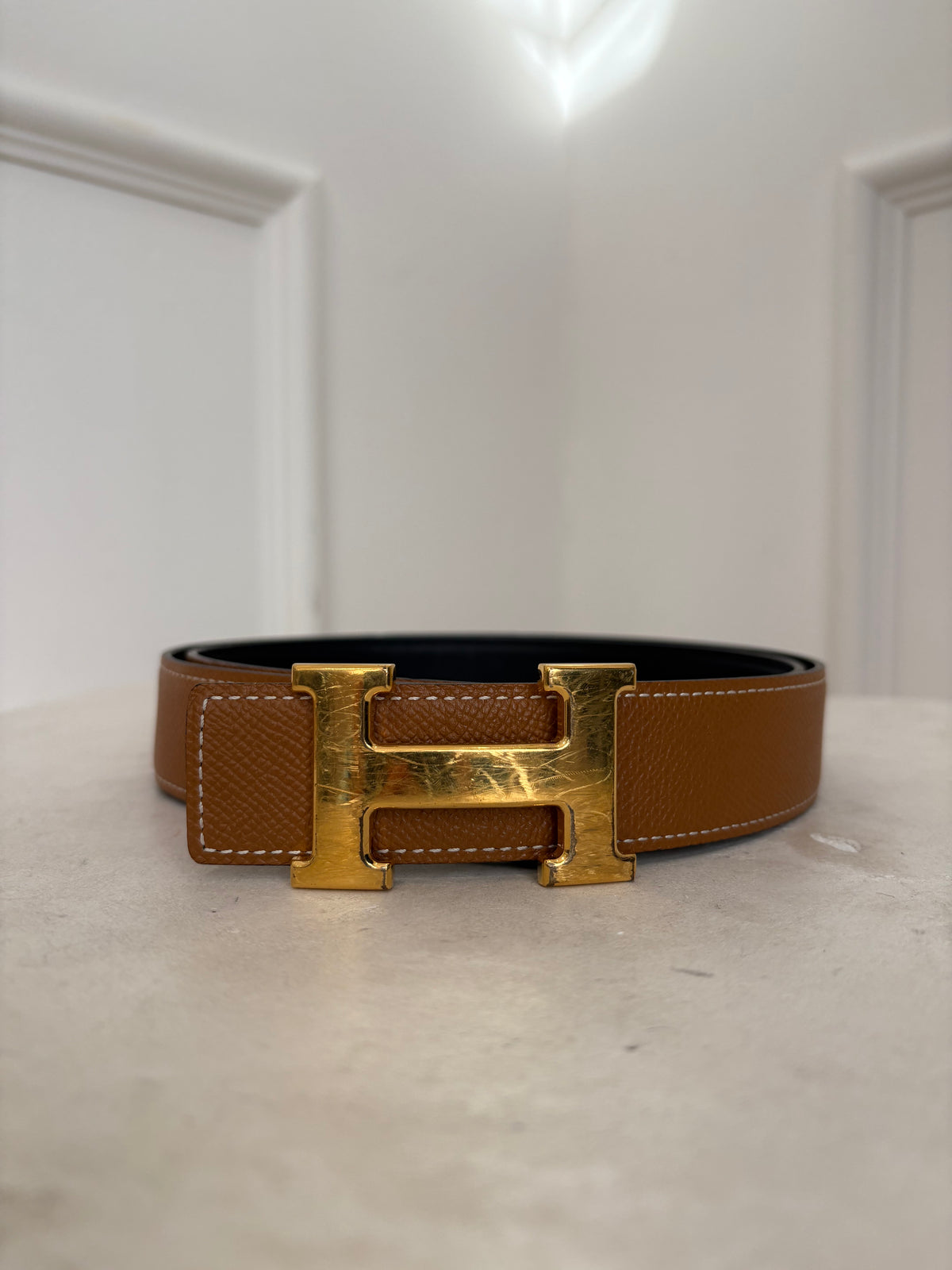 Hermès Gold and Black Reversible Leather H Buckle Belt, 90