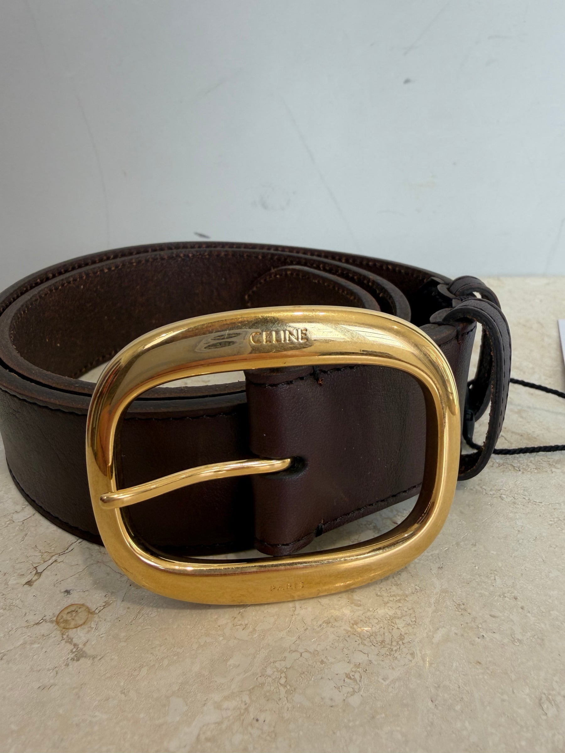 Celine Choclate Brown Leather Gold Buckle Belt, 75