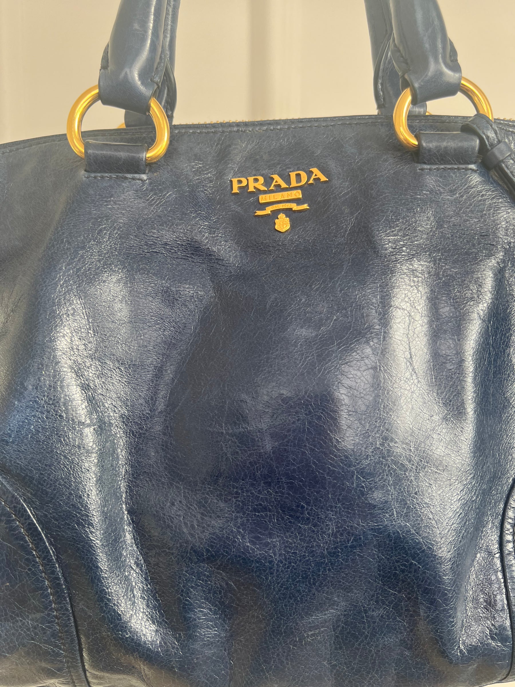 Prada Blue Crinkled Leather Zipped Tote Bag