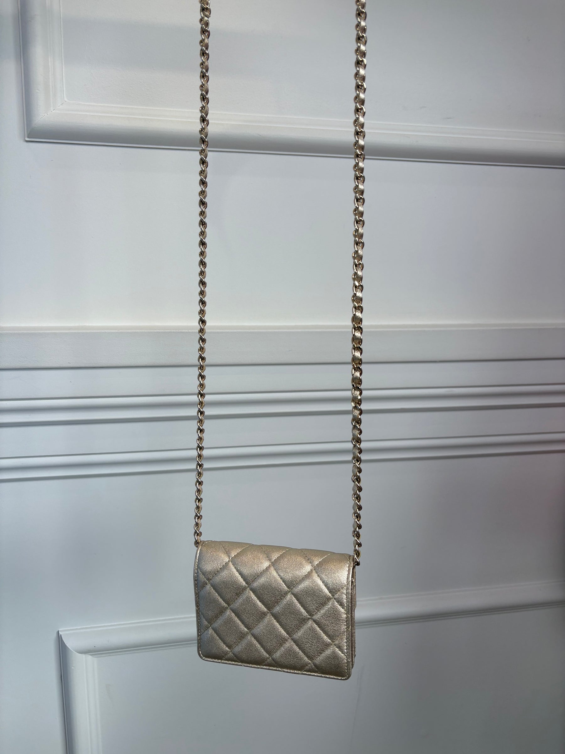 Chanel Gold Leather Camellia Strap Mini Card Holder on Chain