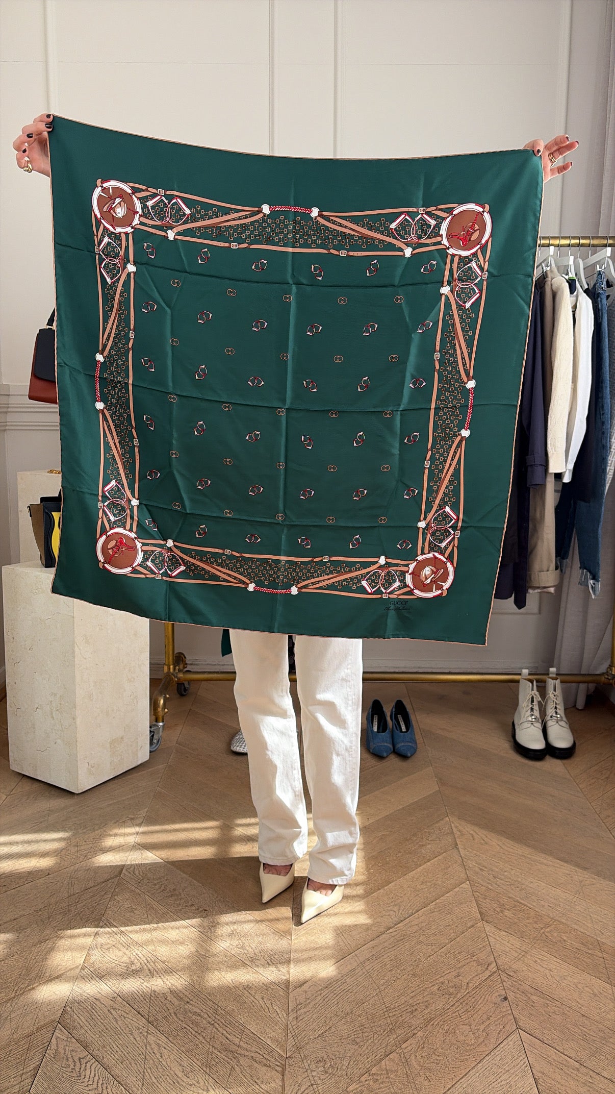Gucci Green and Brown Equestrian Print Silk Scarf 90