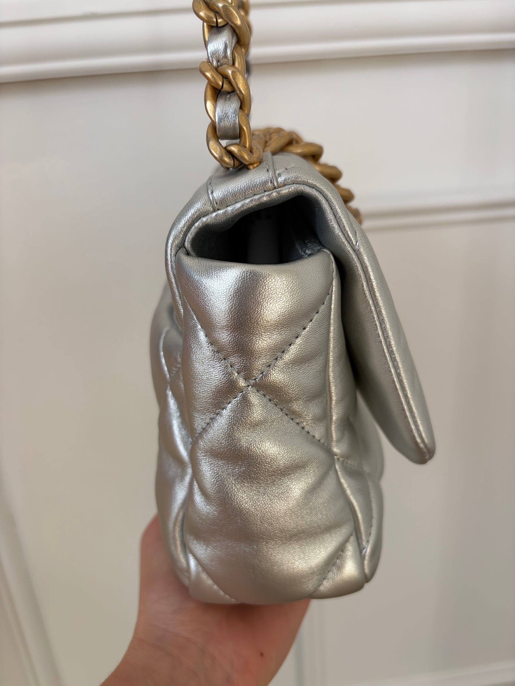 Chanel 19 Silver Lambskin Bag