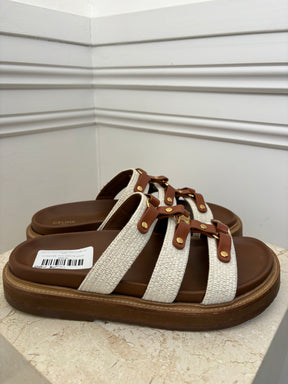 Celine Tan Leather and Cream Canvas Triomphe Tippi Slides