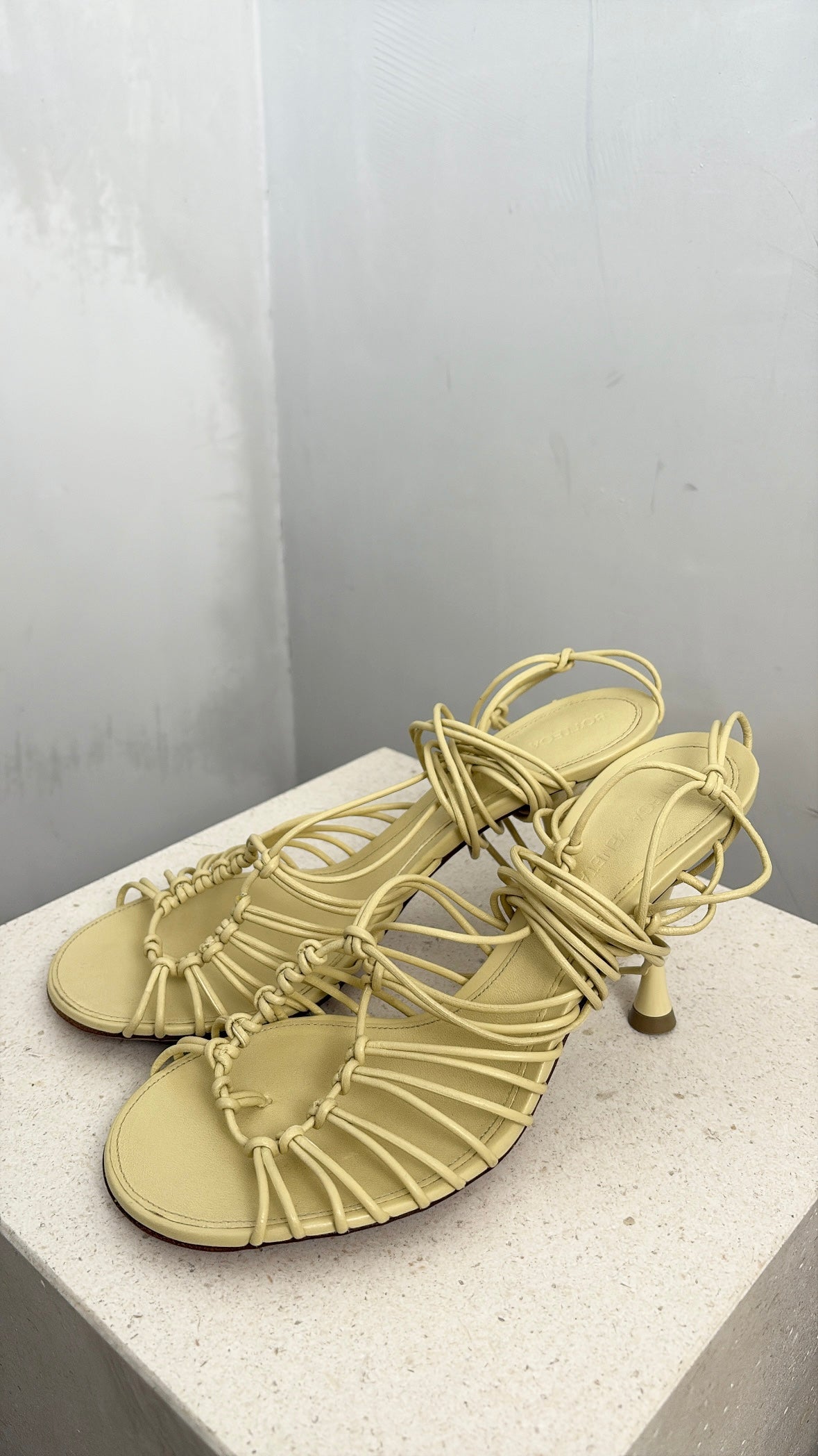 Bottega Veneta Butter Strappy Lace Up Heels, 37.5