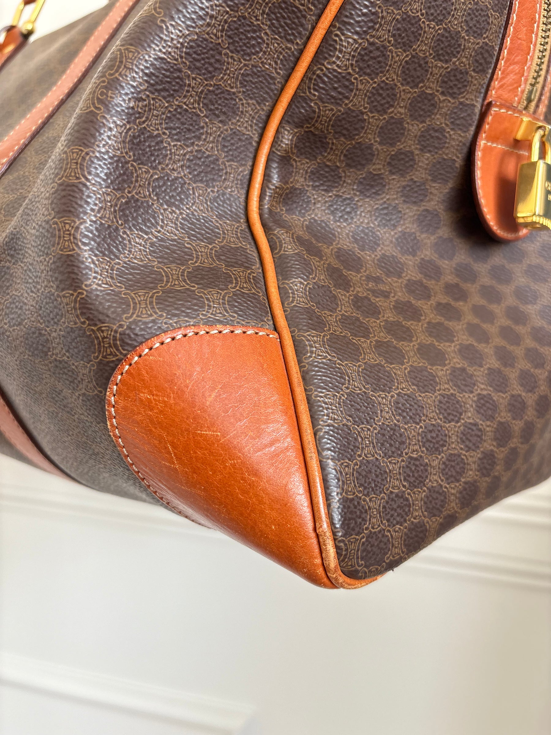 Celine Triomphe Canvas and Tan Leather Trim Duffle Bag