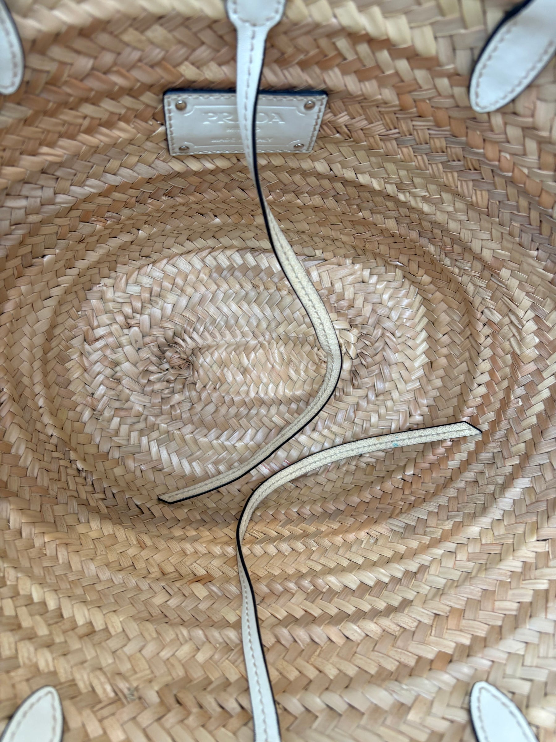 Prada Raffia and White Leather Logo Basket Tote